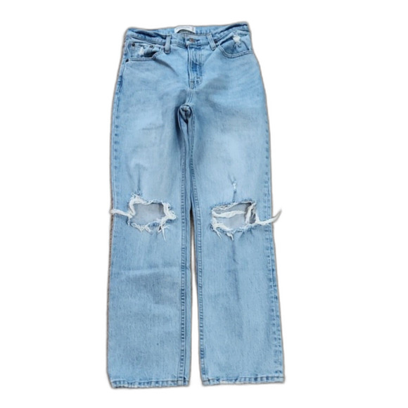 A&F Ultra High Rise 90s Straight Jean, Light Double Knee Destroy, 26/2 SHORT - Picture 5 of 11